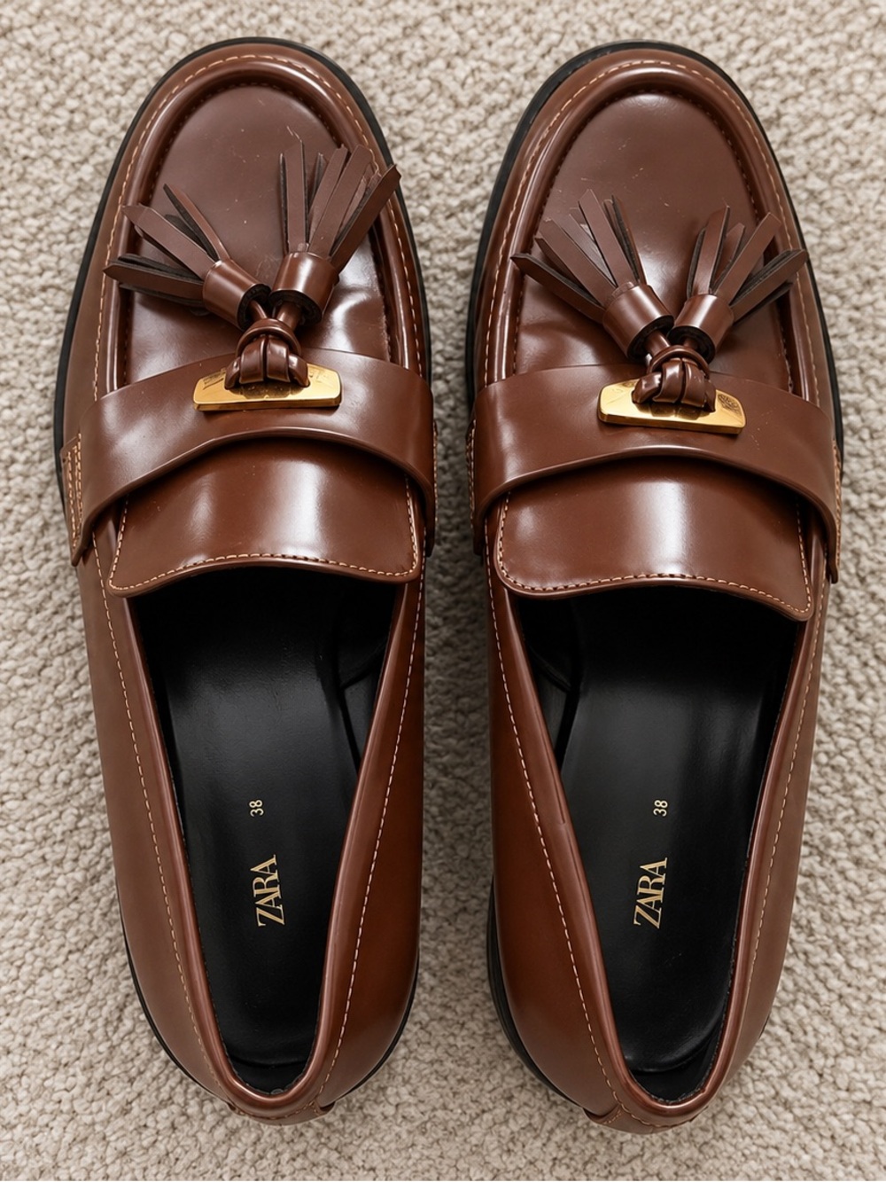 Zara Brown Leather Tassel Loafers with Gold Accent